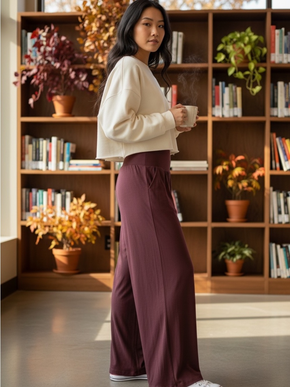 Athleta Studio Wide Leg Pant Heart Rose Burgundy Foldover Yoga Lounge Travel L